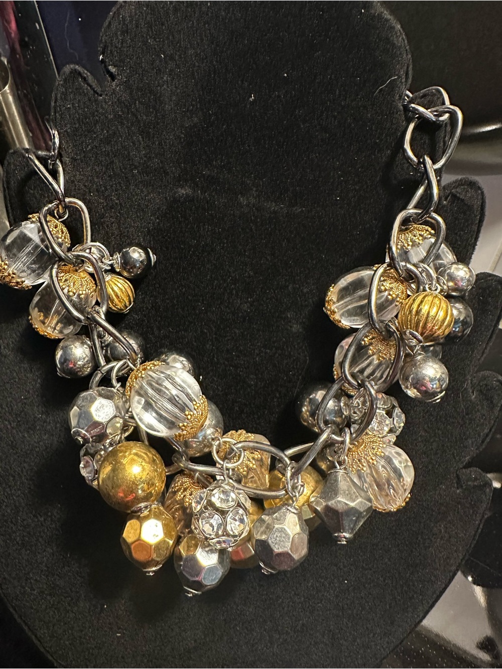 Mixed Metallic & Crystal Cluster Necklace in Gold and Silver